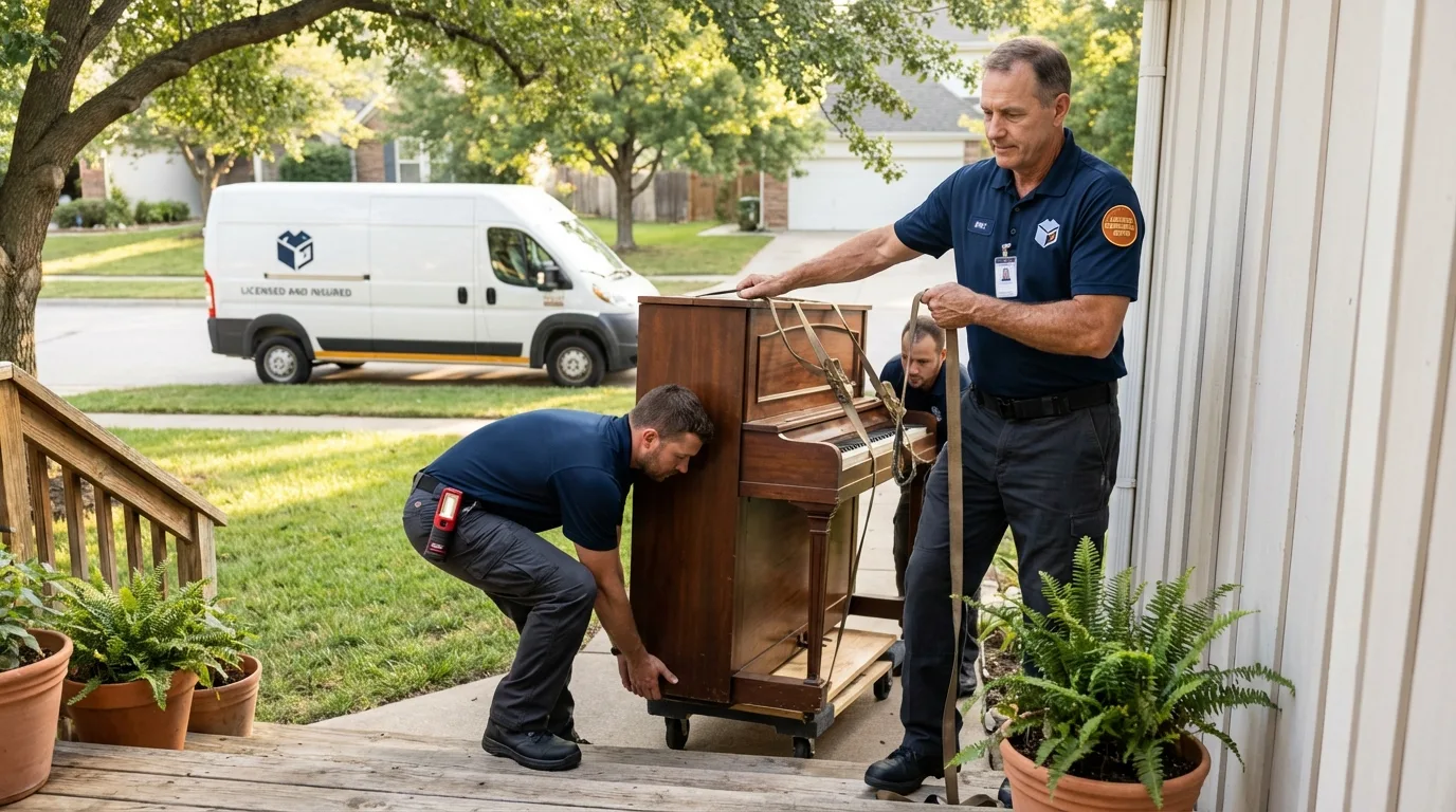 Licensed piano movers securing grand piano in Port Sulphur, LA