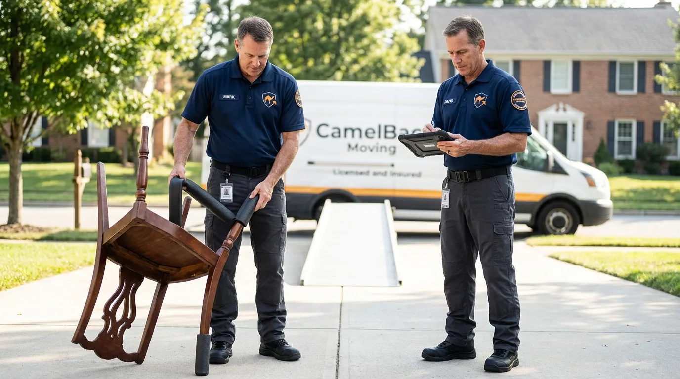 Movers inspecting furniture for damage prevention before loading in Port Sulphur, LA