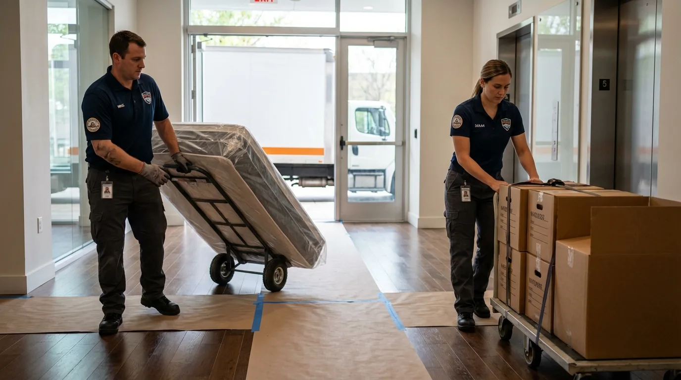 Professional apartment movers loading elevator in Port Sulphur, LA