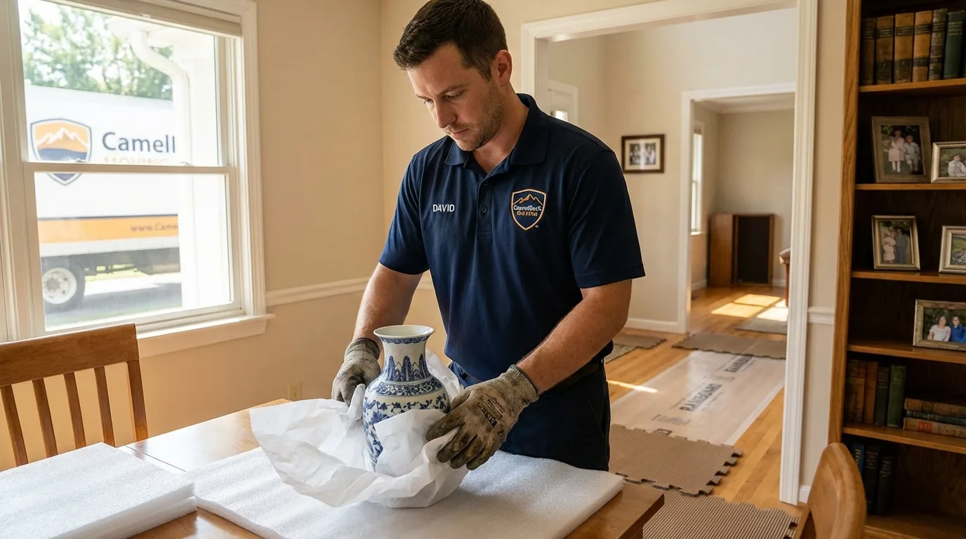 Professional crew carefully wrapping antique vase for senior downsizing move in Port Sulphur, LA